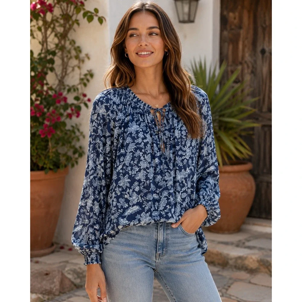 Faherty Blouse Womens XS Blue Floral EcoVero Viscose Boho Peasant Top
